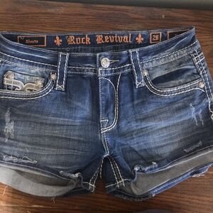 Rock Revival Dark Blue Distressed Rolled-Hem Denim Shorts